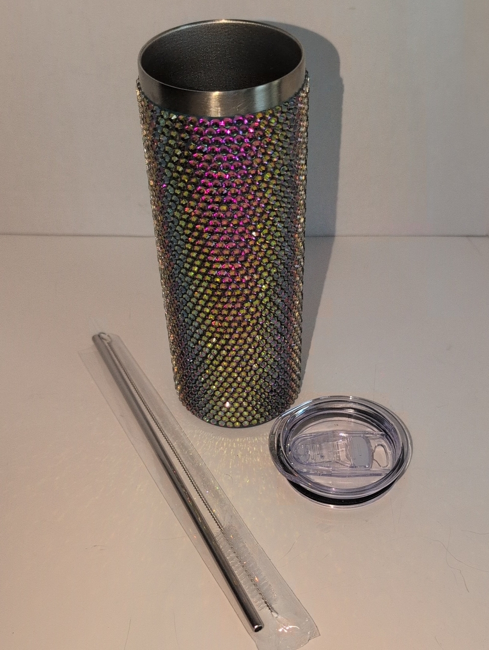 Hand Placed Rhinestone Bling Green Volcano Tumbler Iridescent 22oz